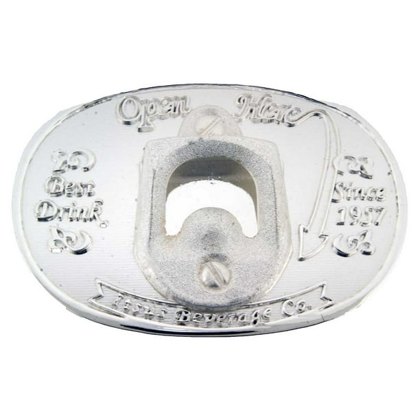 Open Here Chrome Finish Bottle Opener Belt Buckle Open Here Chrome Finish Bottle Opener Belt Buckle